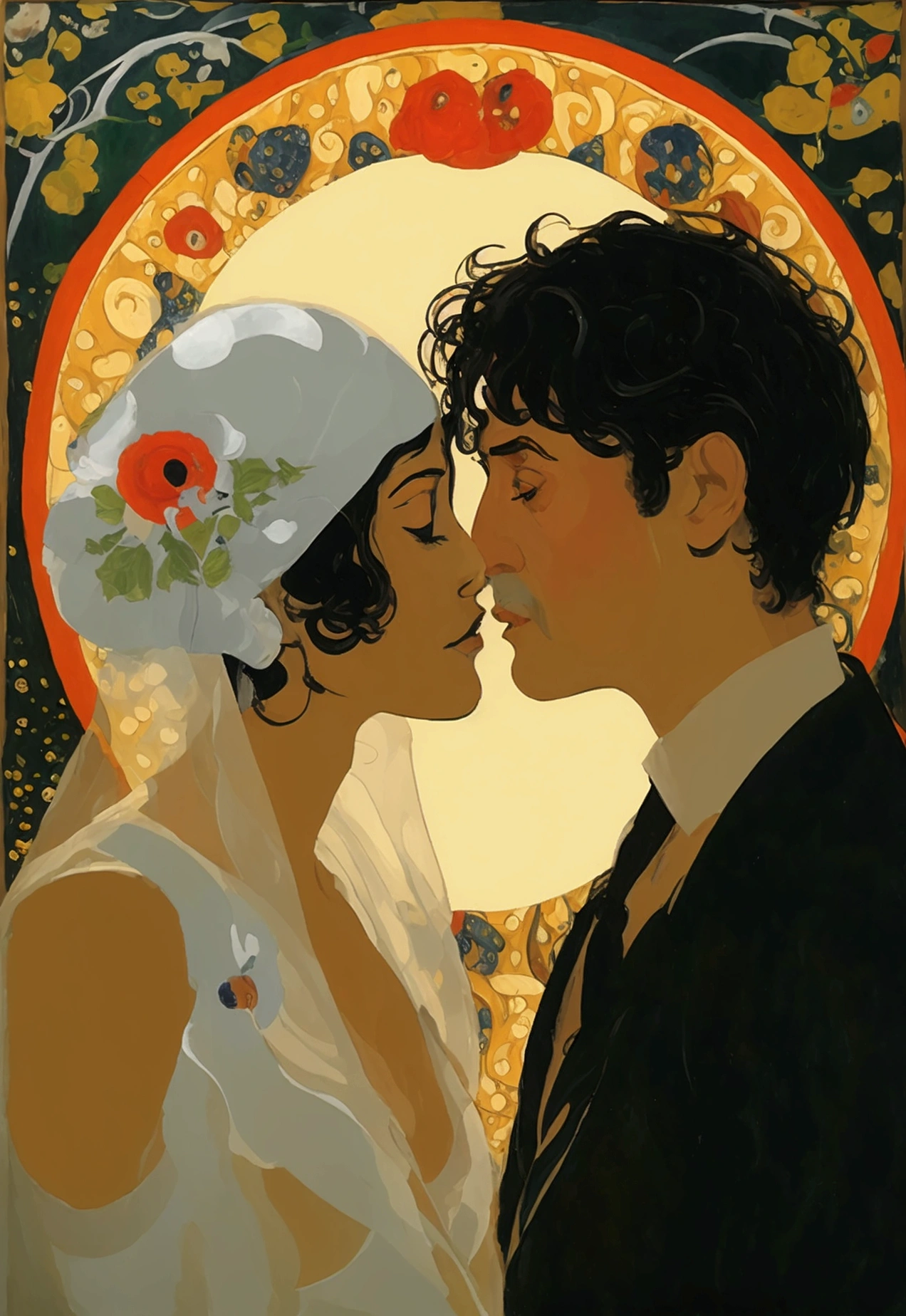 ((Masterpieces)), beste-Qualit, Outstanding illustration, couple kissing, soft focus, 1 man with short black hair and long bangs, 1 girl with long RED hair, black robes, black mantle, romanticism, romance, Luxurious and sophisticated atmosphere, moon light & Cool lighting, Love, fondness ,the kiss, passion
