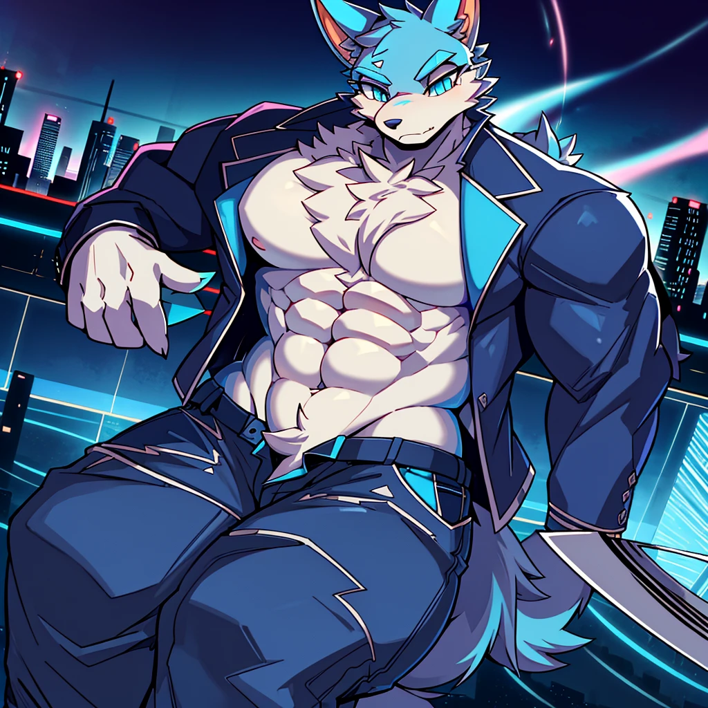 bynamic angle,depth of field, motion blur, absurdres,looking at viewer, (best quality), (masterpiece), (ultra detailed),(detailed eyes),sharp focus,manga,anthro male Blue Wolf,(muscular),Huge body chest , own pet kitty ,sky blue eyes,handsome jacket blue technology city gray pants