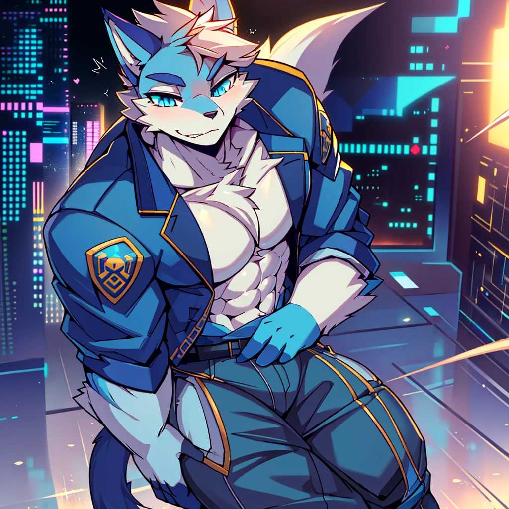 bynamic angle,depth of field, motion blur, absurdres,looking at viewer, (best quality), (masterpiece), (ultra detailed),(detailed eyes),sharp focus,manga,anthro male Blue Wolf,(muscular),Huge body chest , own pet kitty ,sky blue eyes,handsome jacket blue technology city gray pants