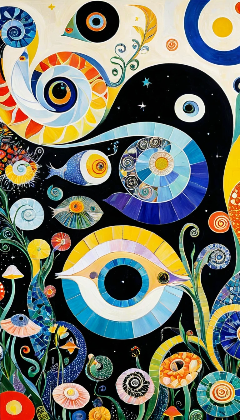 Picasso。1snails，Artists from the stars，Colorful black，A world of color，Dopamine，mouth，A cloud、snails、iris、fish、Tentacles、bird、Eye、diatom，Abstract mosaic painting，Describing the inner world of autistic people，Sense of space，White Space，interesting，Innocence，Psychedelic Art，Black overall