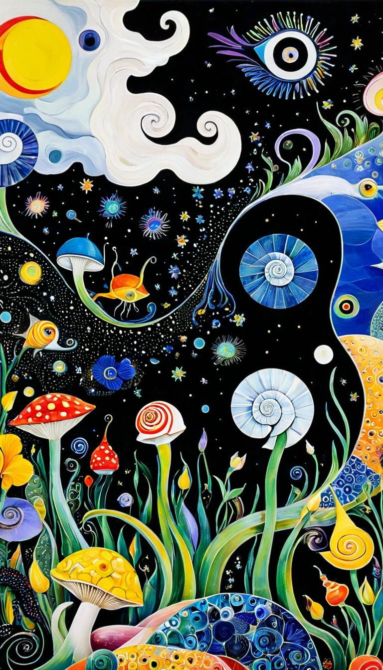 Picasso。1snails,Artists from the stars,Colorful black,A world of color,Dopamine,mouth,A cloud、snails、iris、fish、Tentacles、bird、Eye、diatom,Abstract mosaic painting,Describing the inner world of autistic people,Sense of space,White Space,interesting,Innocence,Psychedelic Art,Black overall