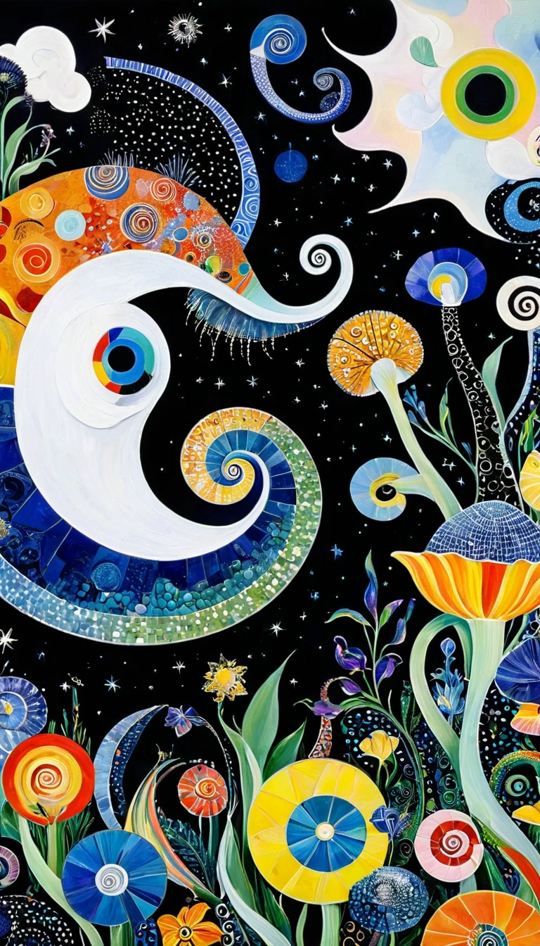Picasso。1snails,Artists from the stars,Colorful black,A world of color,Dopamine,mouth,A cloud、snails、iris、fish、Tentacles、bird、Eye、diatom,Abstract mosaic painting,Describing the inner world of autistic people,Sense of space,White Space,interesting,Innocence,Psychedelic Art,Black overall