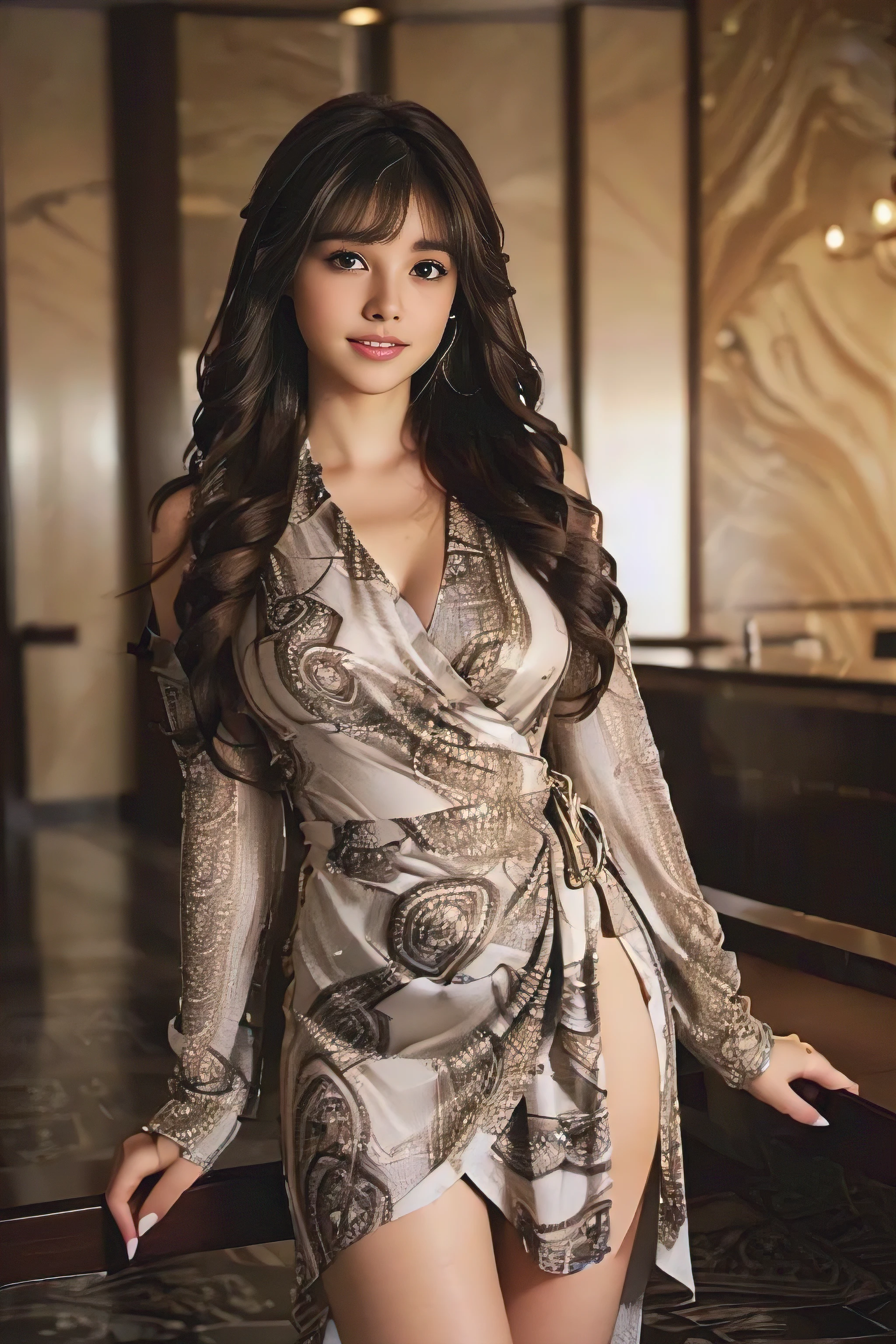 ((Beautiful girls:1.3)) ((abstract printed mini dresses_long sleeve_wrap dress:1.4)) ((In the hotel lobby:1.3))((her face is flushed、hair is loosely curled.:1.2,right:1.4)) ((Large Breasts:1.2)) ((close:1.2)) Highest quality,Tabletop,Ultra-high resolution,(Realistic:1.4),RAW Photos,(Real skin texture:1.3),(Film Grain:1.3),Panorama,Character Portrait,Very wide shot,Tight waist,Cowboy Shot,(In the Dark, Deep Shadow, Low Key, Cold Light,) night,((((Extra long brown hair:1.2))、Tyndall effect,(Performance),One Girl,Beautiful and detailed eyes and face,White Jabot,Brown eyes,((brown super long hair:1.2)) ((smile:1.3))((Asymmetrical bangs))