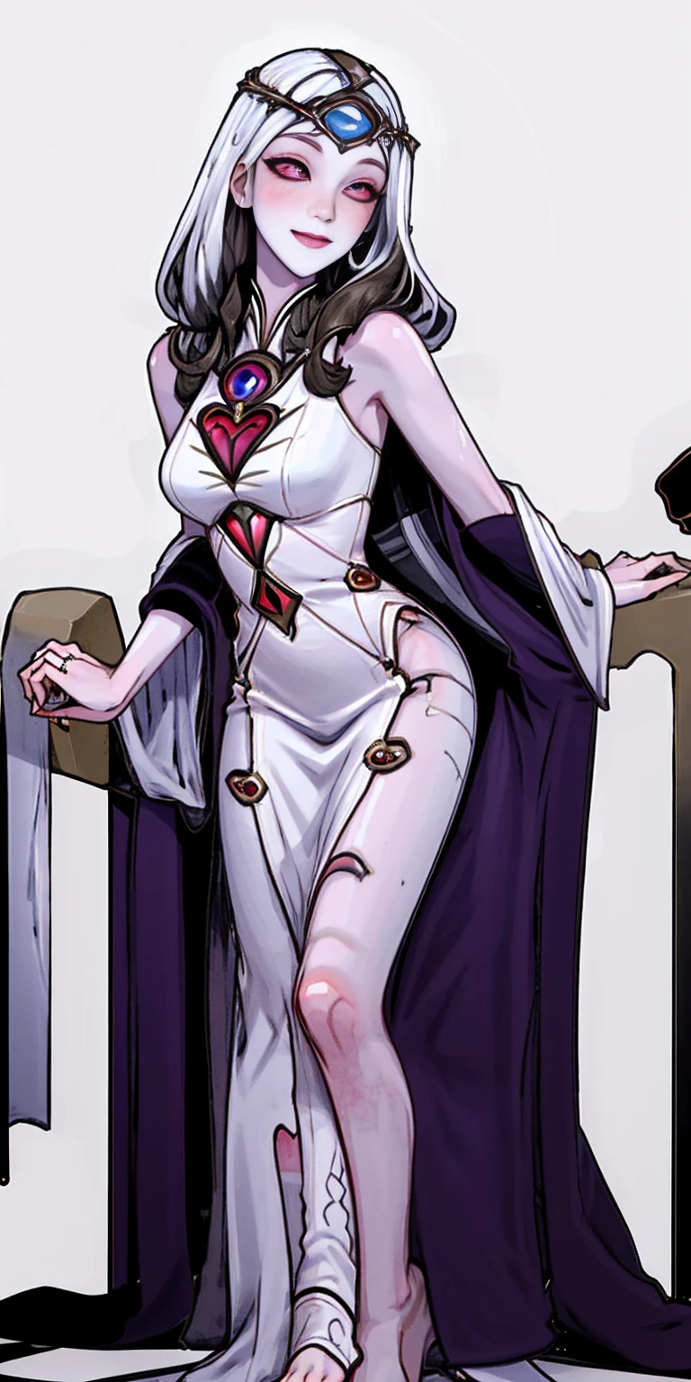 Body position: Standing, straight, symmetrical, barefoot, Lustful smile on face with red blush, 2 girls like Cassia Orsellio white pale skin with red eyes who gets married and stands in front of many people, nsfw, kissing