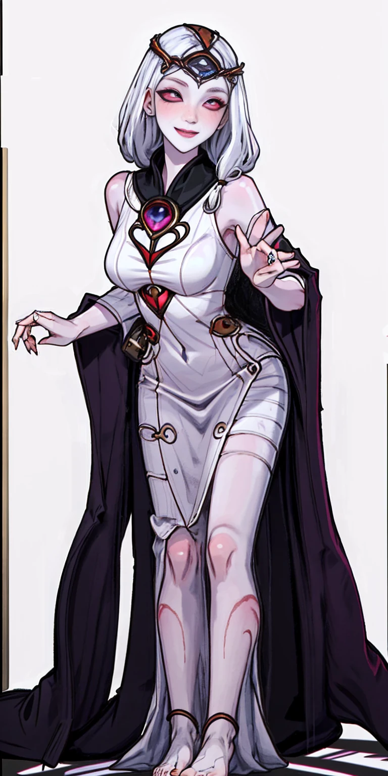 Body position: Standing, straight, symmetrical, barefoot, Lustful smile on face with red blush, 2 girls like Cassia Orsellio white pale skin with red eyes who gets married and stands in front of many people, nsfw, kissing