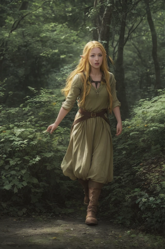 Tauriel, the elf from The Hobbit movie, best quality, ultra-detailed CG unity 8k wallpaper, floating, high resolution, dynamic pose, beautiful face, (blue eyes:1.2, yellow hair:1.3, green clothes), depth of field, white forest, golden leaves, magic light)