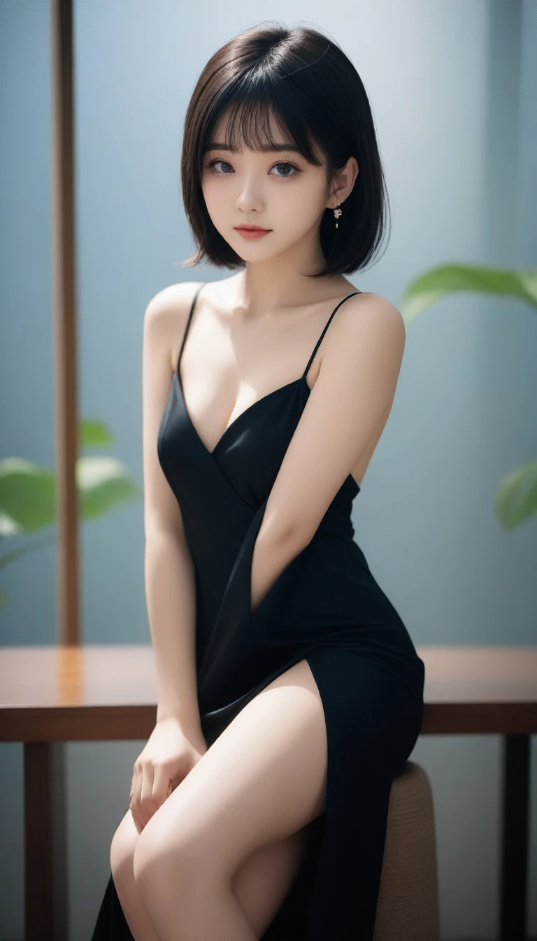 8K, Ultra-high resolution, Highest quality, masterpiece, 三分割法によるphotograph,Surreal, photograph, 1 Girl, (:1.3), pretty girl, Cute face, Beautiful eyes in every detail, 細かくdetailedに,masterpiece,One Girl:1.2, Japan Female Announcer,overhead shot,Legs slightly open,black silk dress,Deep slit,pulling up the hem,Black Hair,Bob with bangs,Delicate and smooth skin, Realistic Skin, Skin with attention to detail, Perfect limbs、Narrow waist、Thin legs、Browsing Caution,Beautiful leg line beauty,Looking at the audience,beauty,Long neck、(((Ideal body type))),A cup small breasts :2,、Portraiture:2、Perfect Anatomy、鮮明なdetailed、detailed、Surreal、Light and shadow,Strong light