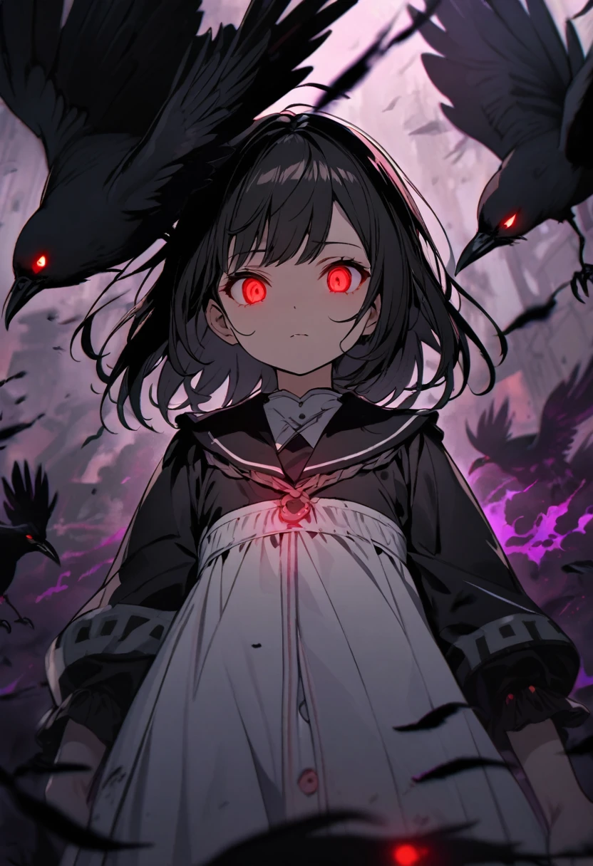 small girl, beautiful, black hair, red eyes, glowing eyes, crows, dark aura