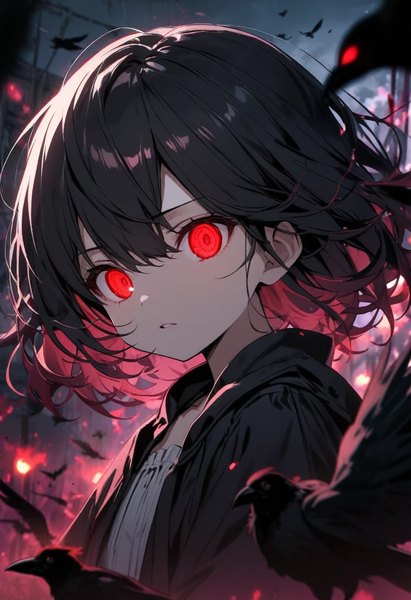 small girl, beautiful, black hair, red eyes, glowing eyes, crows, dark aura