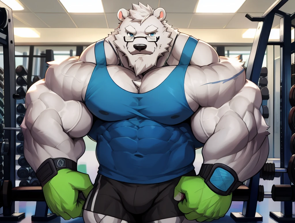 solo, 1boy, Huge Muscular White Polar Bear wearing glasses, huge white fur, pectoral, huge pectoral, wide pectoral, short white hair, blue colored short pants, blue colored wristbands and blue colored tank top, white bearded, white Mustache, white fur, black eyebrows, gym fitness center background, masterpiece, high detailed, 8k, high resolution, at the gym, flexes huge thorax, looking at the viewer, acting all hunk