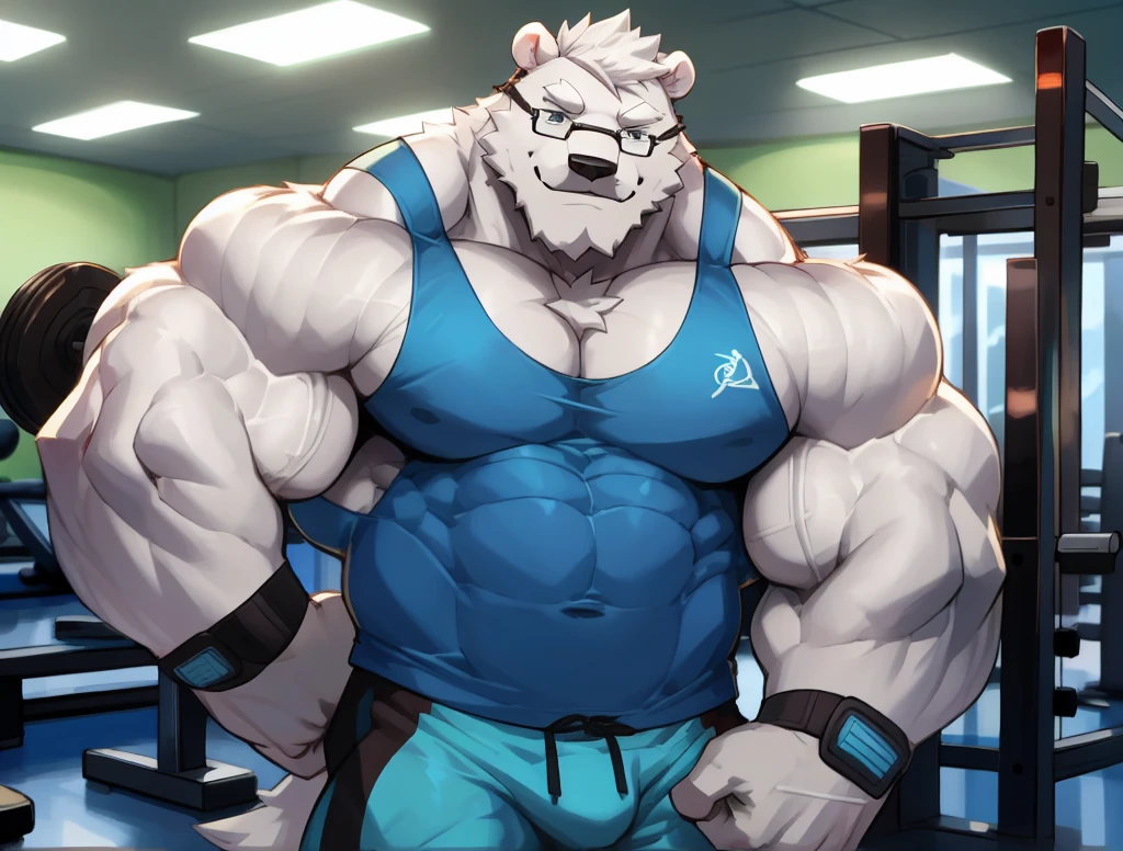 solo, 1boy, Huge Muscular White Polar Bear wearing glasses, huge white fur, pectoral, huge pectoral, wide pectoral, short white hair, blue colored short pants, blue colored wristbands and blue colored tank top, white bearded, white Mustache, white fur, black eyebrows, gym fitness center background, masterpiece, high detailed, 8k, high resolution, at the gym, flexes huge thorax, looking at the viewer, acting all hunk