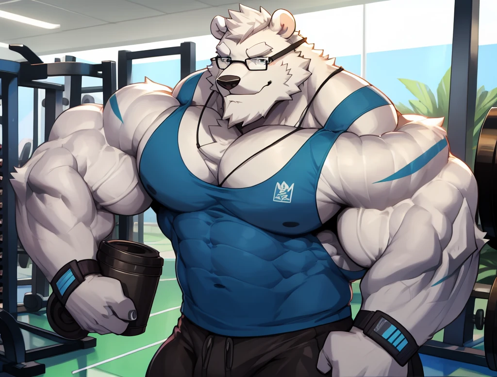 solo, 1boy, Huge Muscular White Polar Bear wearing glasses, huge white fur, pectoral, huge pectoral, wide pectoral, short white hair, blue colored short pants, blue colored wristbands and blue colored tank top, white bearded, white Mustache, white fur, black eyebrows, gym fitness center background, masterpiece, high detailed, 8k, high resolution, at the gym, flexes huge thorax, looking at the viewer, acting all hunk