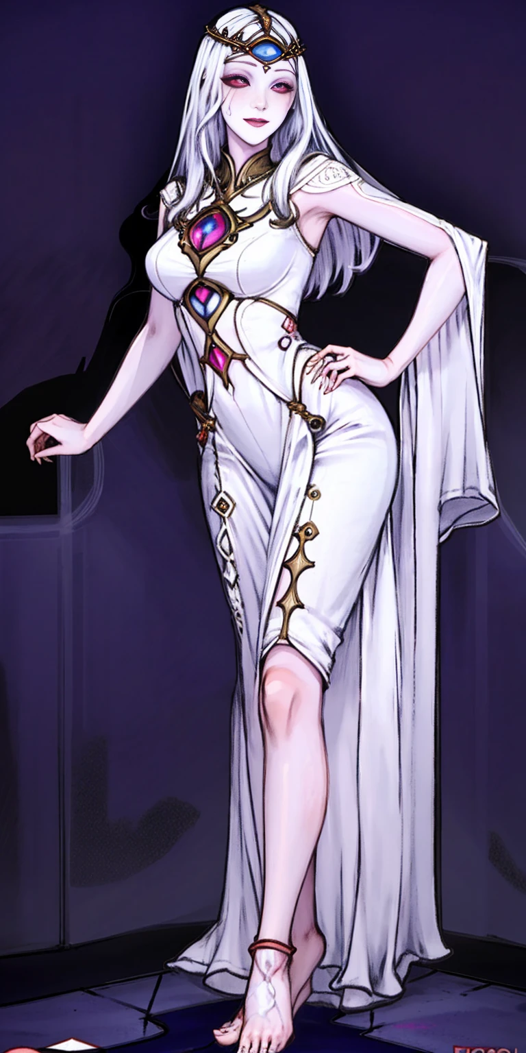 Body position: Standing, straight, symmetrical, barefoot, Lustful smile on face with red blush, 2 girls like Cassia Orsellio white pale skin with red eyes who gets married and stands in front of many people, nsfw, kissing