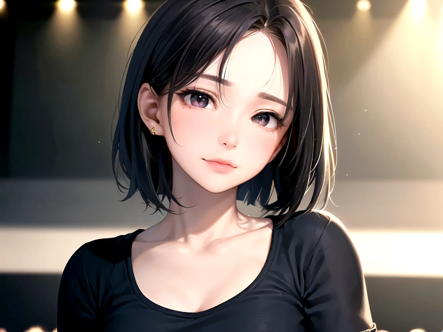 ((Best of the highest quality, 8k, Masterpiece, raw photo: 1.1)), (Sharp focus: 1.1), (1 AESPA, slim body type female, 22 y/o: 1.1), solo, Portrait Waist Up, (realistic, photo-realistic:1.37), face focus, finely small eyes, (forehead, short bob hair: 1.32), (sharp chin, droopy eyes: 1.32), (sad eyes: 1.1), (Emphasize prominent aegyo-sal with bright: 1.28), shimmering eyeshadow applied under the lower lash line, paired with thick, (small breasts, flat chest: 1.2), T-shirt, walking on stage, flower,