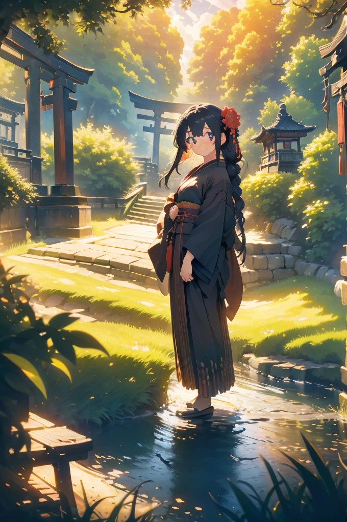 (masterpiece), (high resolution 8K), professional illustration,(1 girl:1.3), late teenage, standing, thigh focus, dutch angle, japanese clothes, kimono, hair ornament, long hair, smile, looking up, shrine, temple, torii, beautiful starry sky, night,natural lighting, high contrast, stunning face, symmetrical clear eyes, detailed eyes and face, detailed skin