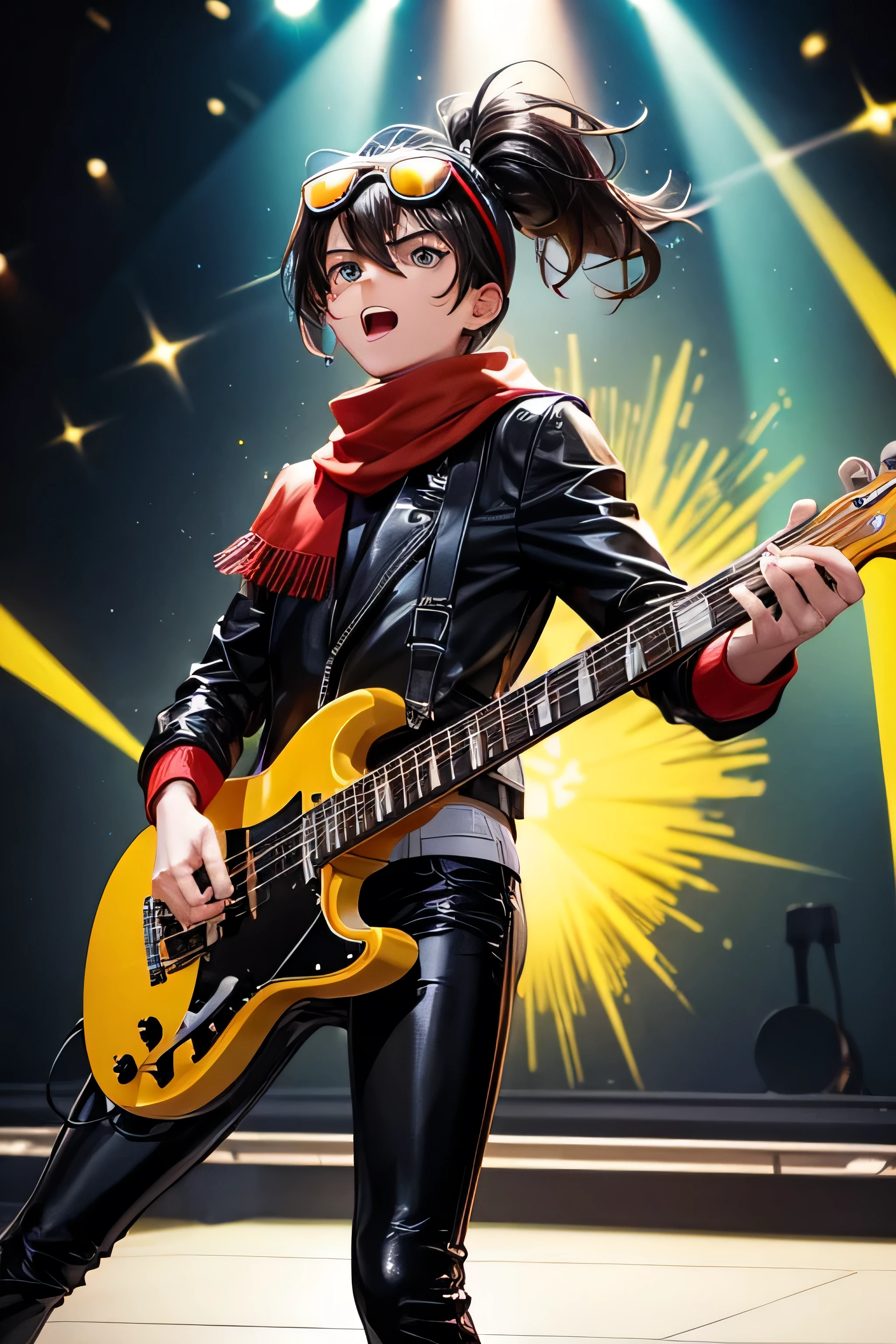  Rody Soul My Hero Academia is a young boy，With brown spiky hair，Wearing a short ponytail，Gray eyes and tanned skin. he‘s wearing a red scarf，Wearing a pair of sunglasses on his head，Wearing Bad Pop Star Rock Outfits，Black jacket with yellow rays，Black latex pants，Black tennis shoes with yellow ray print，Holding a yellow and black electric bass，Singing in the background，There are multiple musical notes in the background，Yellow Tufted Horse