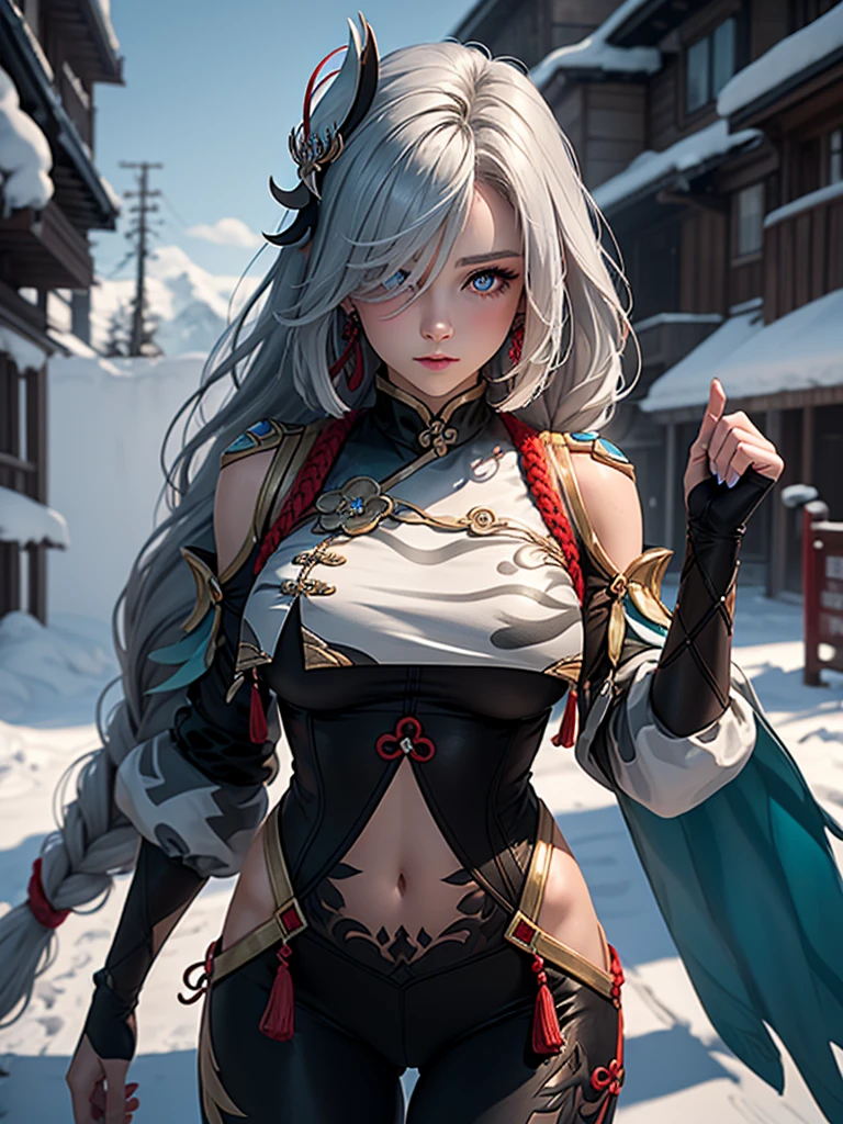 shenhedef, upper body, seductive look, blush, outdoors, snowflake scenery, looking at viewer, cloudy, moody lighting, (perfect detail eyes:1.2), glowing eyes, (long hair one braid:1.2), elemental skill effect, (Masterpiece, Best Quality, High Quality:1.4), professional artwork, Intricate Details, field of view, sharp focus, detailed painting, photorealistic lighting, trending on pixiv, (vivid lighting, vibrant colors:1.05), realistic shadows, ambient occlusion, (athletic body:1.3), mature woman, 30yo, colors RGB 
