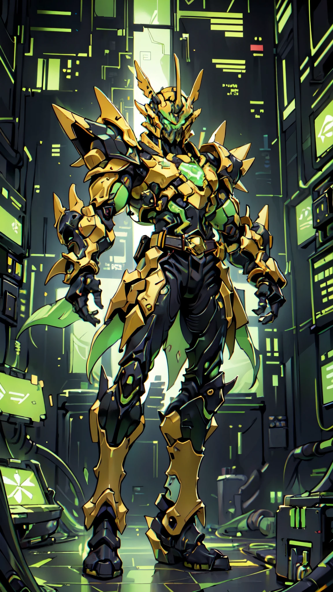 (masterpiece:1.5, best quality:1.5, extremely delicate:1.5, foreshortening:1.5, dynamic angle:1.5), a man wearing a full-face helmet, a fantasy-style biotech armored combat suit, green eyes, (a composite layered chest armor), fully enclosed shoulder guards, matching arm and leg guards, the belt is adorned with neon circuitry, (the color scheme is primarily black glow with green and red accents), the design balances heavy with agility, a high-tech bio-mecha armor, (Armor Concept Inspired by neon Cyberpunk, stand on the top of a skyscraper in a futuristic sci-fi city), this character embodies a finely crafted fantasy-surreal style armored hero in anime style, exquisite and mature manga art style, (element, plasma, energy, the armor glows), ((male:1.5)), metallic, high definition, highres, ultra-detailed, ultra-fine painting, professional, perfect body proportions, golden ratio, anatomically correct, symmetrical face, extremely detailed eyes and face, high quality eyes, creativity, RAW photo, UHD, 32k, Natural light, cinematic lighting, masterpiece-anatomy-perfect