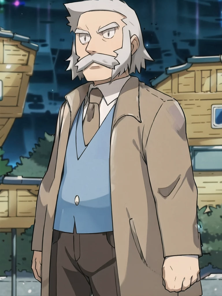 ProfessorRowan, solo, looking at viewer, shirt, 1boy, closed mouth, white shirt, upper body, white hair, male focus, outdoors,brown coat, necktie, collared shirt, blurry, night, blurry background, parody, formal, style parody