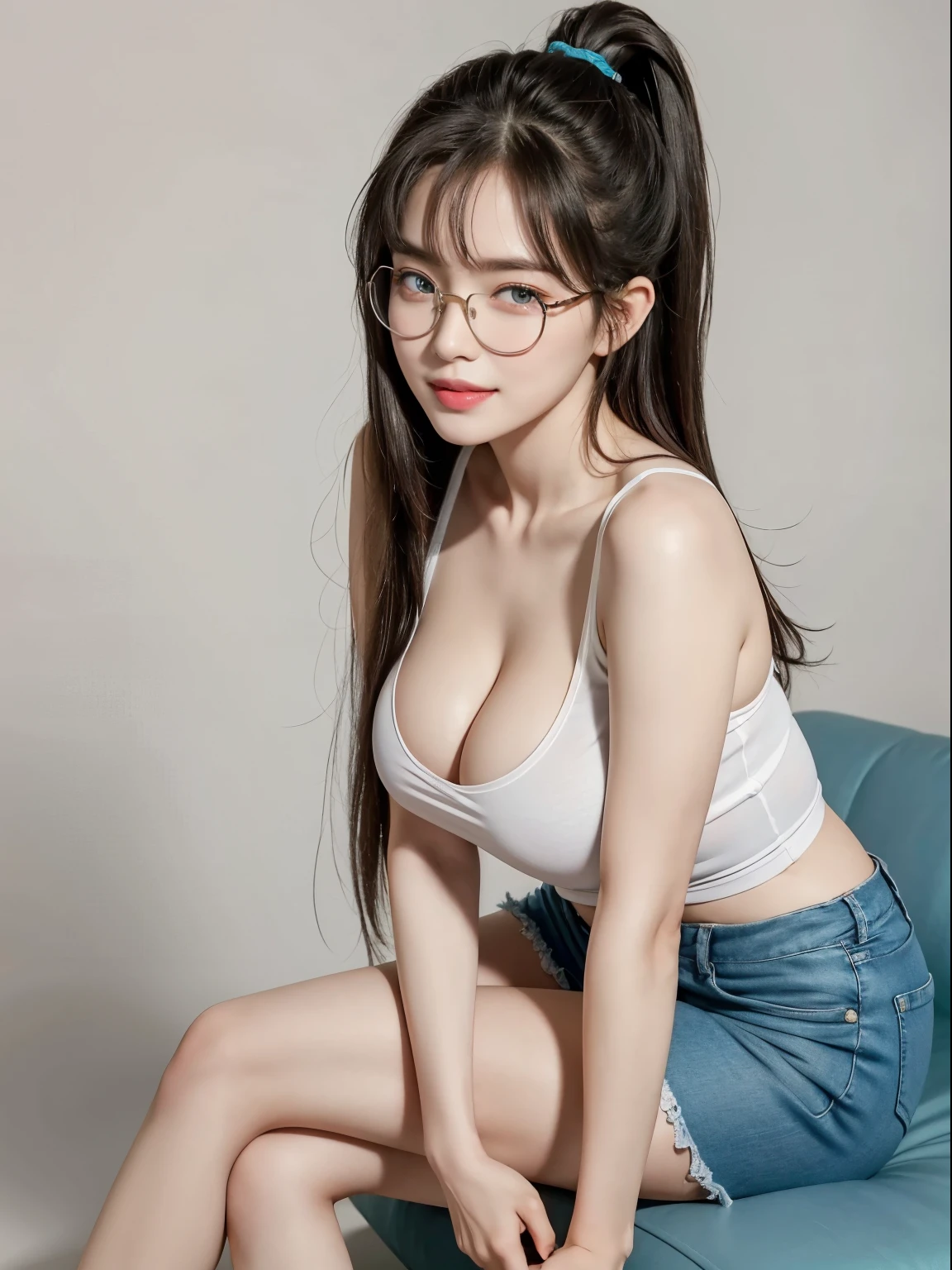 (Best quality, masterpiece, detailed), (RAW, 4k, hd images), 1 girl, , white skin, long hair, ponytail, layers hair, bangs, black hair, beautiful girl, cute girl, sweet girl, pretty girl, perfect girl, perfect body, pretty eyes, blue eyes, thin lips, (eye line, lip soft), perfect round breast, glasses, wayfare, simple background, smile, thigh, legs, tosca Tshirt, short pants, full body, modeling pose, free style pose, high angle capture, sit, cleavage