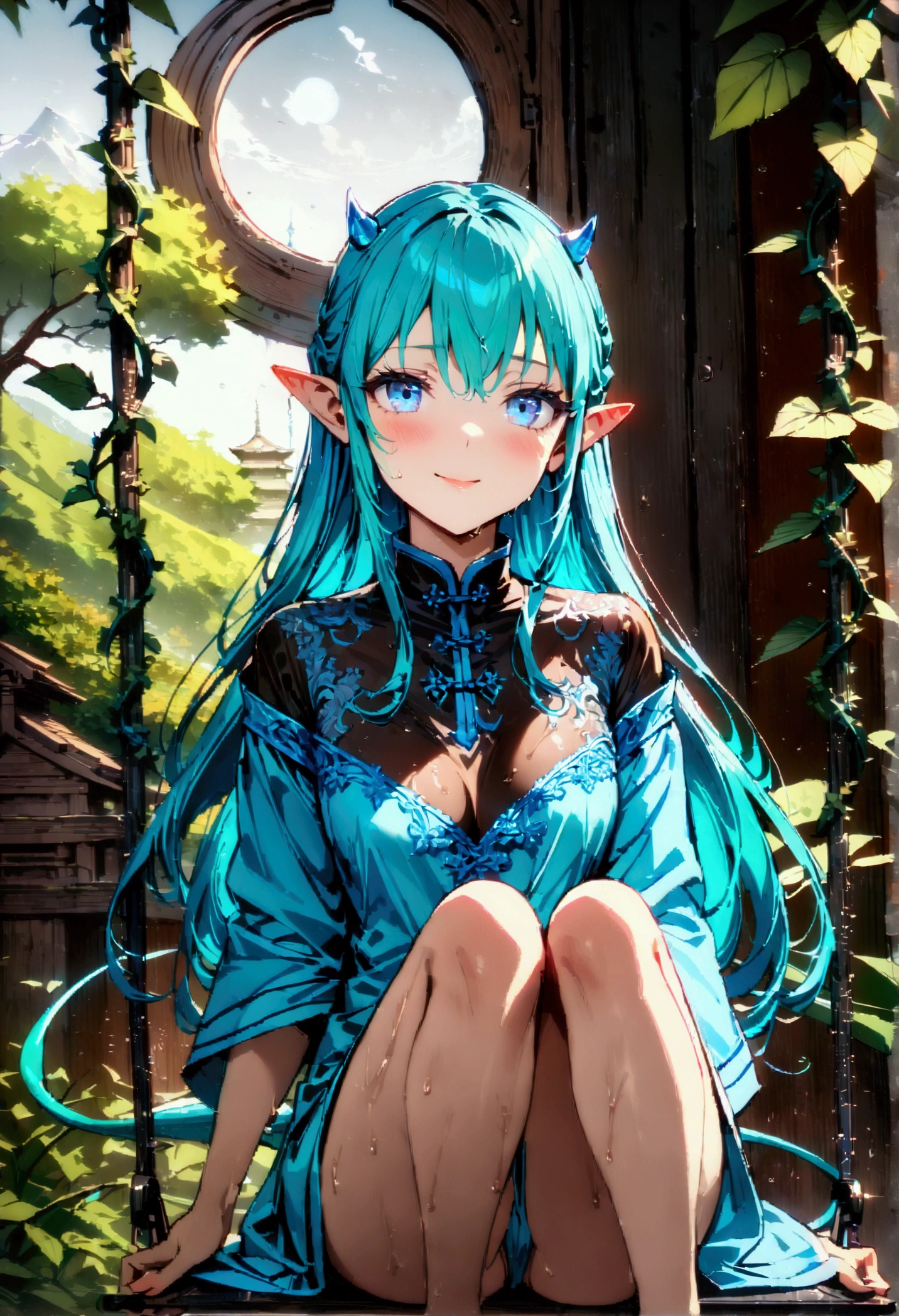 lum, 1girl, long hair, (tiny horns), tiny sharp ears, (score_9, score_8_up, score_7_up), masterpiece, best quality, absurdres, unity, 8k, wallpaper, hi res, highly detailed face, highly detailed eyes, blue eyes, (intricate details:1.4), (two-tone hair, green hair, aqua hair:1.1), ager, chinese clothes, off shoulder, source_anime, medium breasts, outdoors, vines, flowers, garden, bellybutton, swing, sitting on swing, tree, hanging legs, blush, knees together, open mouth, half closed eyes, smiling, shiny skin, curved tail, barefoot, wet skin, closed mouth, wet hair, full body, detailed eyes, detailed face, beautiful detailed eyes, beautiful detailed lips, extremely detailed eyes and face, long eyelashes, young teengirl, indifferent facial expression, blue eyes, barefoot, gloomy atmosphere, (best quality,4k,8k,highres,masterpiece:1.2),ultra-detailed,intricate details,cinematic lighting,moody colors,