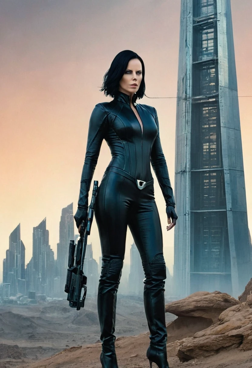 image of actress Charlize Theron dressed as Aeon Flux, linda, walking between the buildings of an ultrafuturistic megalopolis city, the city has many metallic buildings and houses in light colors that reflect the sunlight, the city has shades of metal gray, has beautiful metal structures, dark ultra futuristic cars on the streets, desert megalopolis, tall futuristic metal buildings, many ultramodern buildings around, as realistic as possible, as detailed as possible, Science fiction, there are 2 planets in the sky through the dense atmosphere
