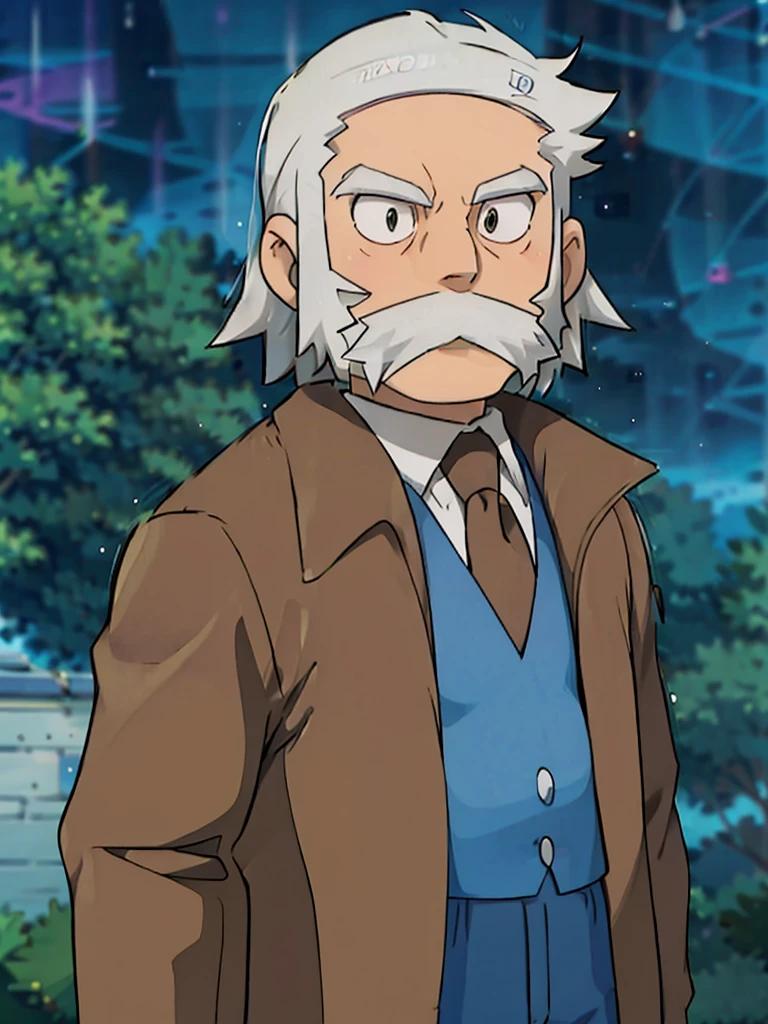 ProfessorRowan, solo, looking at viewer, shirt, 1boy, closed mouth, white shirt, upper body, white hair, male focus, outdoors,brown coat, necktie, collared shirt, blurry, night, blurry background, parody, formal, style parody
