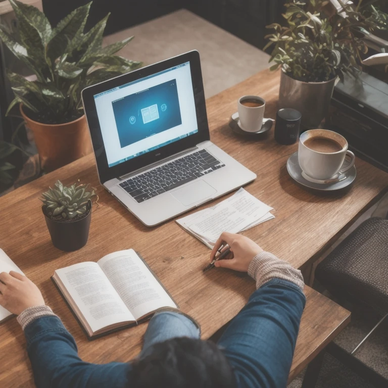 A person sitting at a desk, working on a laptop. The desk has a cup of coffee, some books, and a potted plant. The background is a cozy home office with warm lighting.