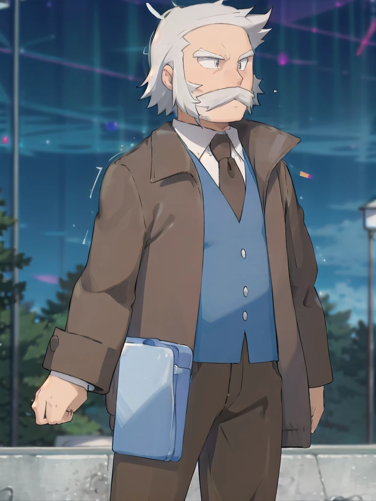 ProfessorRowan, solo, looking at viewer, shirt, 1boy, closed mouth, white shirt, upper body, white hair, male focus, outdoors,brown coat, necktie, collared shirt, blurry, night, blurry background, parody, formal, style parody