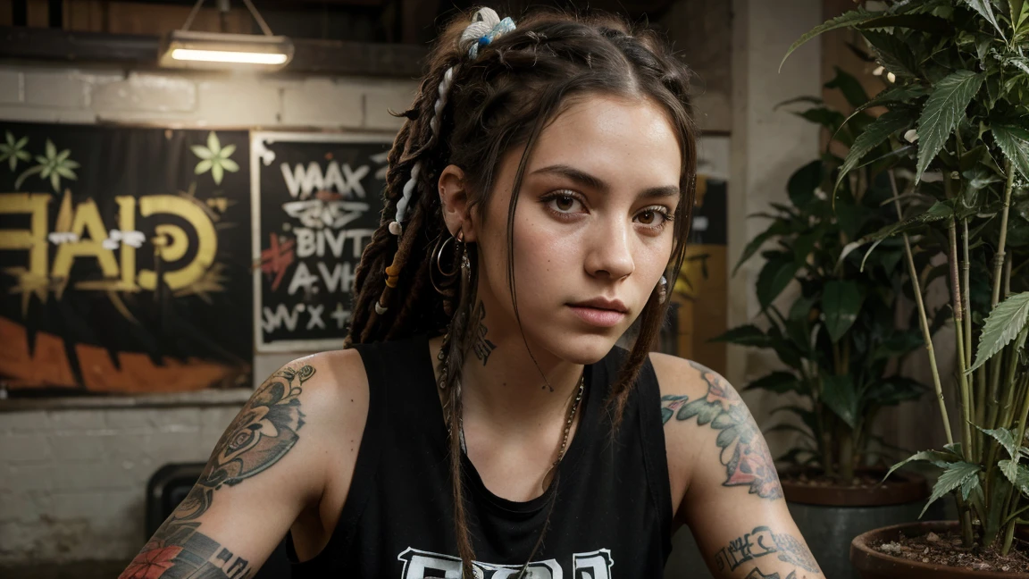 stylized artwork of soft filter. grunge filter. photorealistic. 8k. cinematic, very high resolution. maximum resolution. ultra realistic. unique beautiful face, realistic face, retro grunge photo ascetic. grunge city graffiti , sexy tattooed black-dreadlocks cute girl, in marijuana plants buds crop, red gym outfit