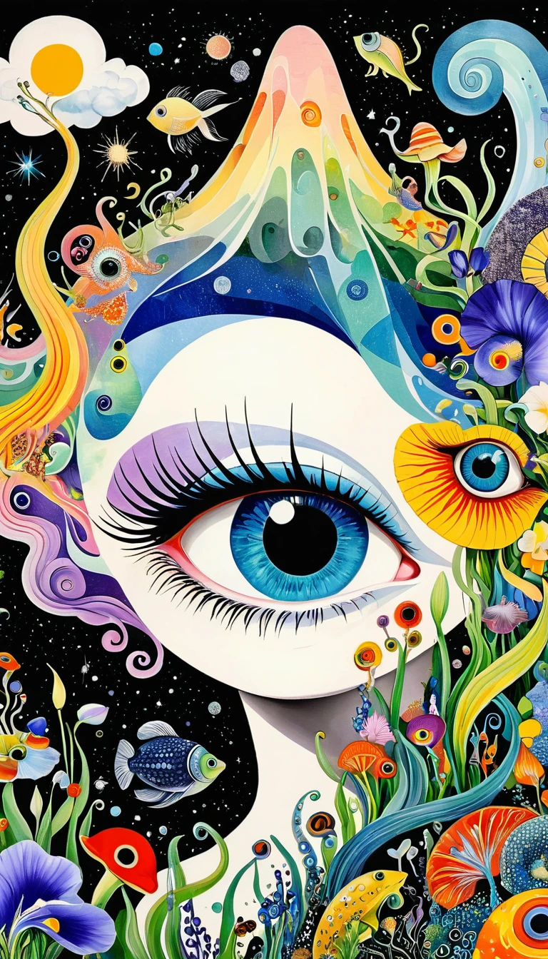 Picasso。1snails小屋,Artists from the stars,Colorful black,A world of color,Dopamine,mouth,A cloud、snails、iris、fish、Tentacles、bird、Eye、diatom,Abstract mosaic painting,Describing the inner world of autistic people,Sense of space,White Space,interesting,Innocence,Psychedelic Art,Black overall