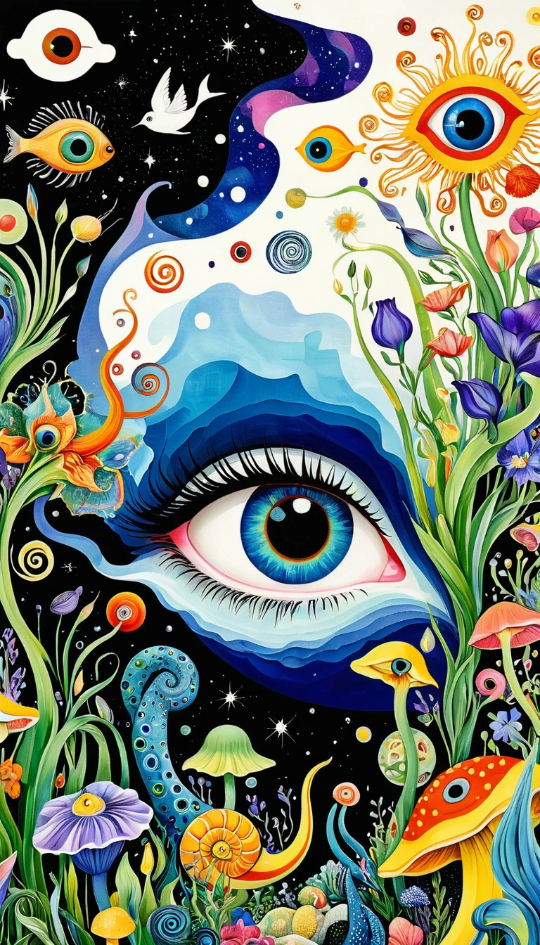 Picasso。1snails小屋,Artists from the stars,Colorful black,A world of color,Dopamine,mouth,A cloud、snails、iris、fish、Tentacles、bird、Eye、diatom,Abstract mosaic painting,Describing the inner world of autistic people,Sense of space,White Space,interesting,Innocence,Psychedelic Art,Black overall