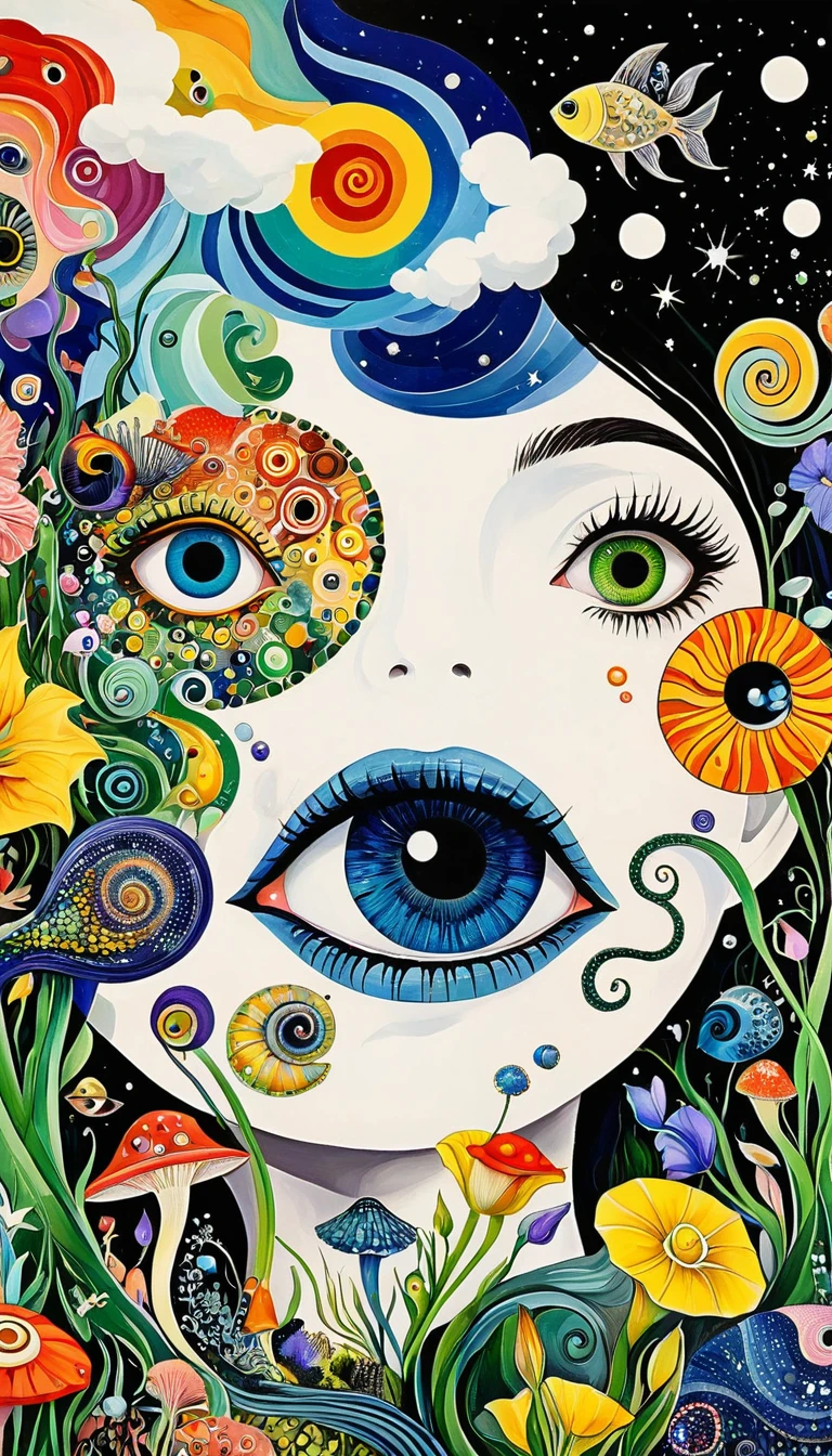 Picasso。1snails小屋,Artists from the stars,Colorful black,A world of color,Dopamine,mouth,A cloud、snails、iris、fish、Tentacles、bird、Eye、diatom,Abstract mosaic painting,Describing the inner world of autistic people,Sense of space,White Space,interesting,Innocence,Psychedelic Art,Black overall