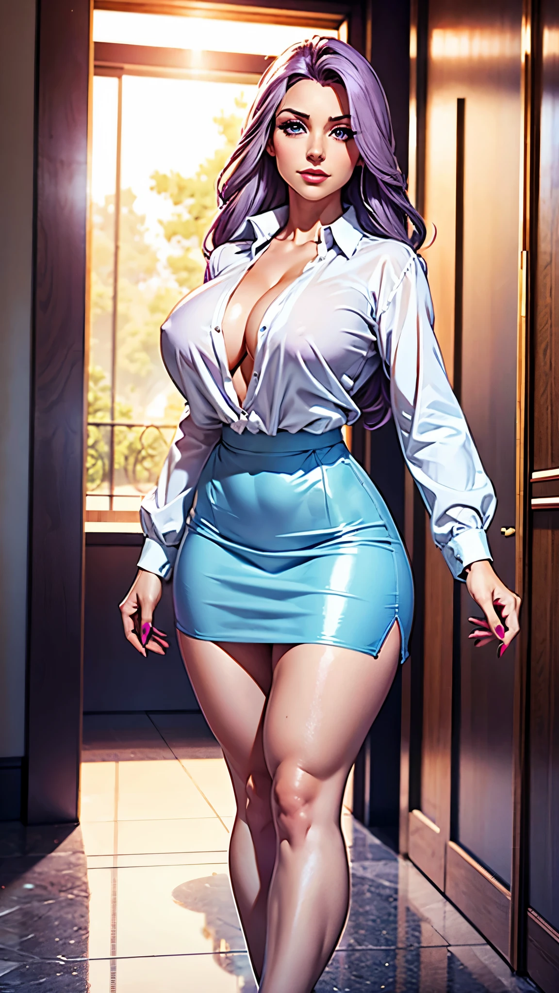 She sports striking purple hair that reaches her back.  Her hazel eyes add warmth to her expression.  She dresses in a elegante blue skirt AND elegamt white blouse that reflect her more relaxed but chic style. Busty, big hip, big legs, big ass. Cómic style