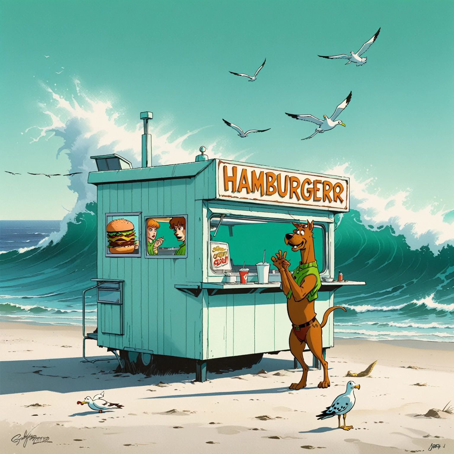 Scooby Doo distinct to original cartoon, ocean front fast food shack, operated by Scooby Doo and Shaggy, waves, sea breeze, seagulls,  The scene is minimal, serene, perfect, strange, candid, cinematic, surreal, and timeless. The hamburger grill is lost in space, standing against a blank canvas. The style is a mix of realism and cartoon, with 90s comic aesthetics, expressive ink work, cinematic compositions, and nuanced details. The style is reminiscent of Joelle Jones and 90's scooby doo animated tv show, shaggy wearing tropical green sweater, scooby doo distinct art style,
