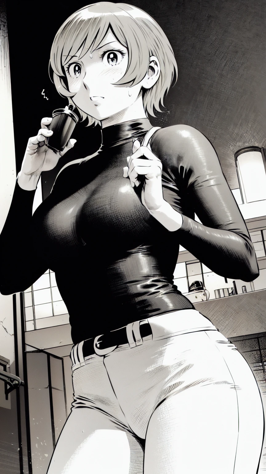 (野球uniform:1.2),
blonde, (short hair:1.2),Long sleeve, Black Shirt, turtleneck,White trousers、uniform、Black belt、((Illustration of a person))、big 、Muddy、Soil stains、ドロドロのuniform、
View your audience,, (Highest quality:1.3),One Girl, White pants、uniform、Outdoor、baseball ground、ground、soil、blue eyes、Tight black shirt、(masterpiece、Highest quality)、Highest quality, Ultra-high resolution, (((masterpiece))), alone, Sweat、big eyes、big Breasts、Torn clothes、 Fully exposed、Nipples、One Girl, Front view、Embarrassed face、Bronze colored hair、((short hair))、Stand up straight、Cowboy Shot