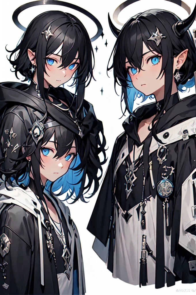 masterpiece, highest quality, highest resolution, clear_image, photo realistic, detailed details, black hair, bangs, scruffy hair, blue demon horn, 1 , sky blue eyes, black hoodie, Blue futuristic halo, beautiful, upper body, no water marks, laboratory, no extra limps, no extra body
