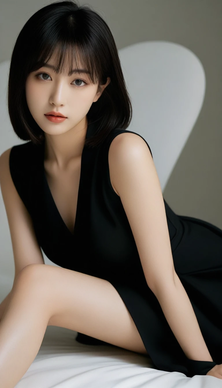 8K, Ultra-high resolution, Highest quality, masterpiece, 三分割法によるphotograph,Surreal, photograph, 1 Girl, (16 years old:1.3), pretty girl, Cute face, Beautiful eyes in every detail, 細かくdetailedに,masterpiece,One Girl:1.2, Japan Female Announcer,overhead shot,Legs slightly open,black silk dress,Deep slit,pulling up the hem,Black Hair,Bob with bangs,Delicate and smooth skin, Realistic Skin, Skin with attention to detail, Perfect limbs、Narrow waist、Thin legs、Browsing Caution,Beautiful leg line beauty,Looking at the audience,beauty,Long neck、(((Ideal body type))),A cup small breasts :2,、Portraiture:2、Perfect Anatomy、鮮明なdetailed、detailed、Surreal、Light and shadow,Strong light