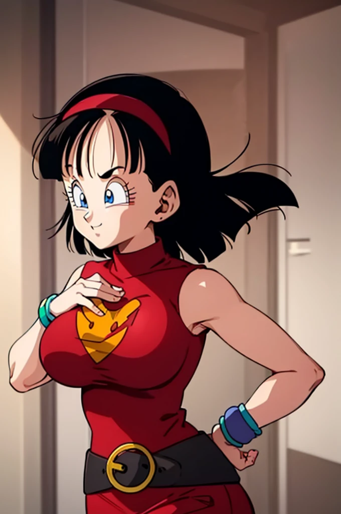 ultra detailed, masterpiece, best quality, solo, soft smile, light smile, Videl, Dragon Ball,
hairband, short hair, red hairband, bangs, sleeveless, dress, jewelry, belt, red dress, braceletblue eyes, colored eyelashes, eyelashes, black hair, , big breast, big ass, white shirt,  confused face expresion, sin imperfecciones, dibujo perfecto,