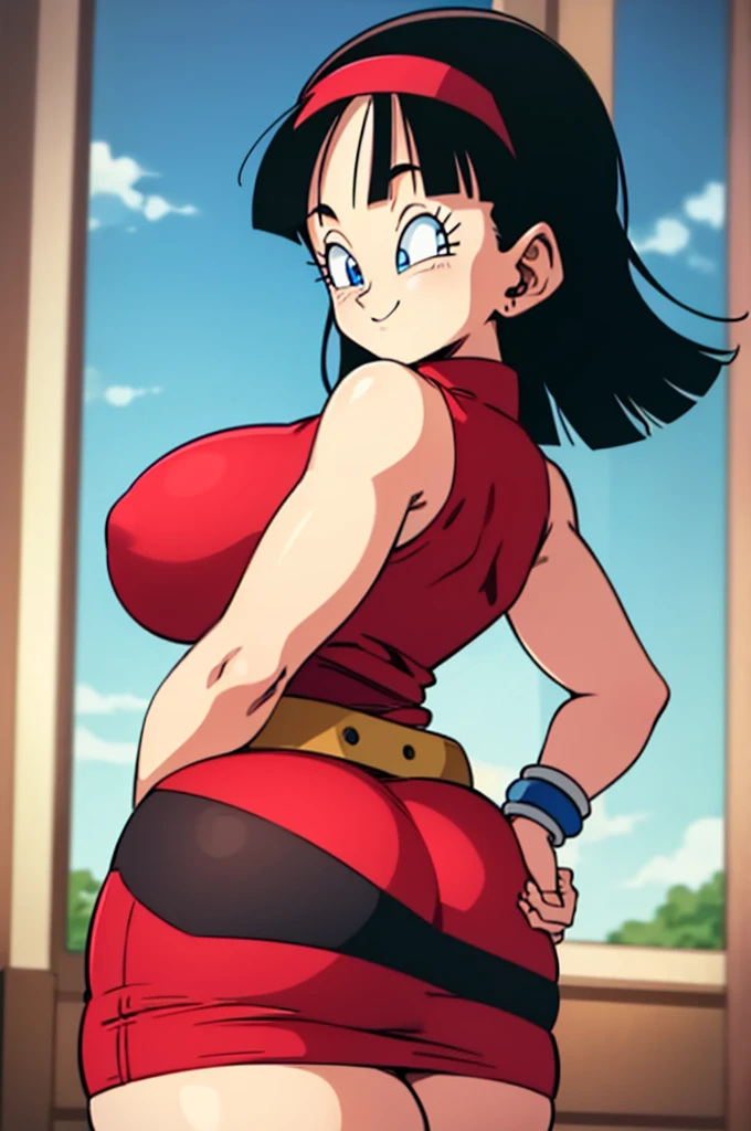 ultra detailed, masterpiece, best quality, solo, soft smile, light smile, Videl, Dragon Ball,
hairband, short hair, red hairband, bangs, sleeveless, dress, jewelry, belt, red dress, braceletblue eyes, colored eyelashes, eyelashes, black hair, , big breast, big ass, white shirt,  confused face expresion, sin imperfecciones, dibujo perfecto,