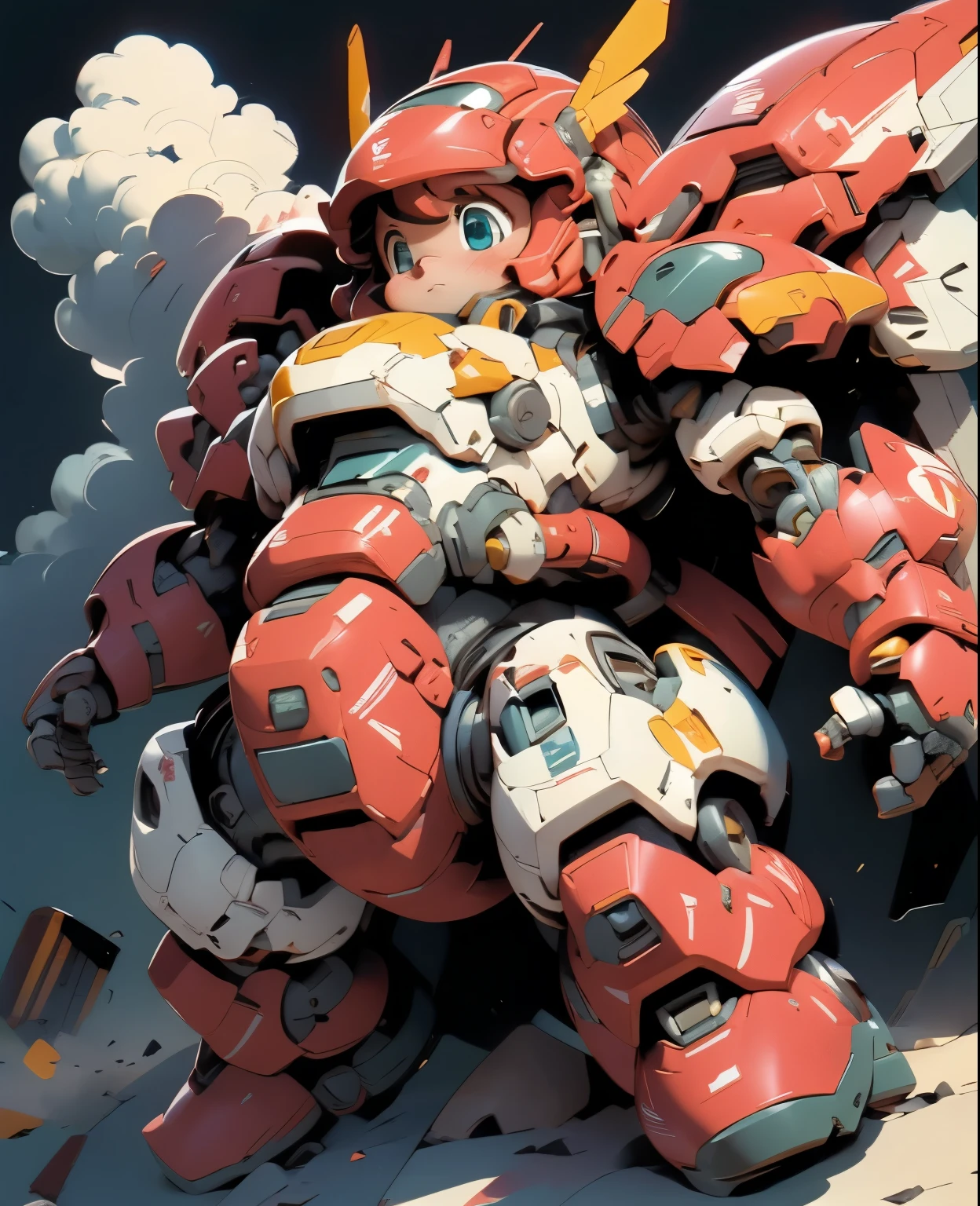 (((1 chibi girl in large red-colored robot costume, from below))), (holding weapons), (chibi), (bulky:1.8), (((helmet:1.5))), (((looking down:1.4))), large cute face, mechanical parts, ((mechanical wings)), (full armor:1.8), (mecha armor:1.8), (shoulder guards:1.2),(huger arms), ((mechanical arms:1.5)), (short legs), (huger body:1.8), (heavy equipment:1.6), (from below), (headgear), blue sky, white clouds, robot joints, becoming a mecha, mecha, (RARS), (HRS), ROBOTANIMESTYLE, BJ_Cute_Mech,cute, girl BREAK ((masterpiece)), vibrant colors, 8k, best quality, ultra detailed illustration, ((best quality)), ((high resolution)), flawless skin textures, shiny oiled skin, extremely detailed anime eyes , extreme light and shadow