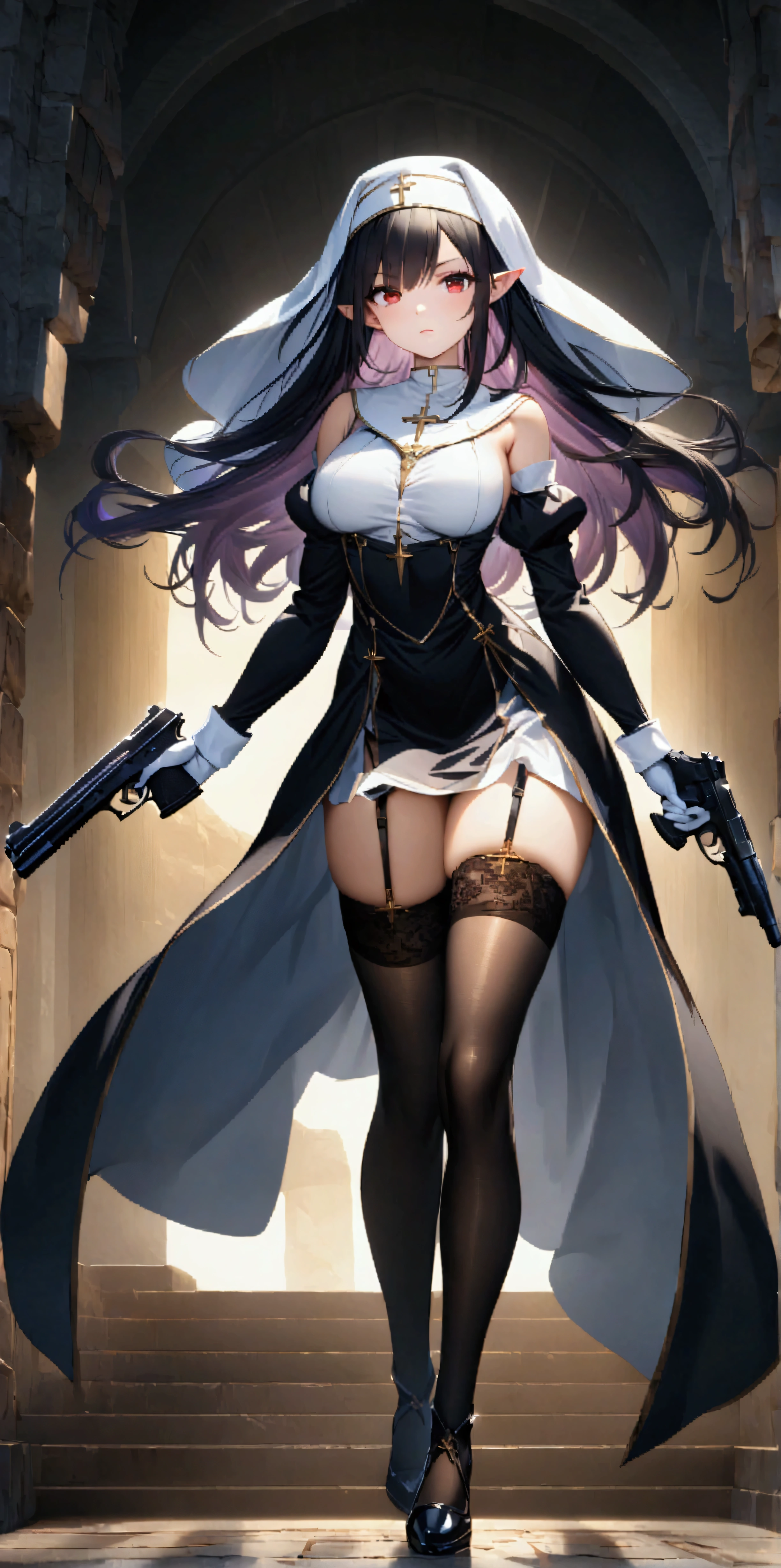 ((32k)), ((best quality)), ((ultra high res)), ((HDR)), ((UHD)), ((extremely detailed CG)), ((unity 32k wallpaper)), 1girl, solo, long hair, looking at viewer, large breasts, simple background, black hair, red eyes, thighhighs, gloves, holding, full body, weapon, purple hair, detached sleeves, pointy ears, black thighhighs, white gloves, armpits, gun, garter straps, handgun, dual wielding, nun, habit,