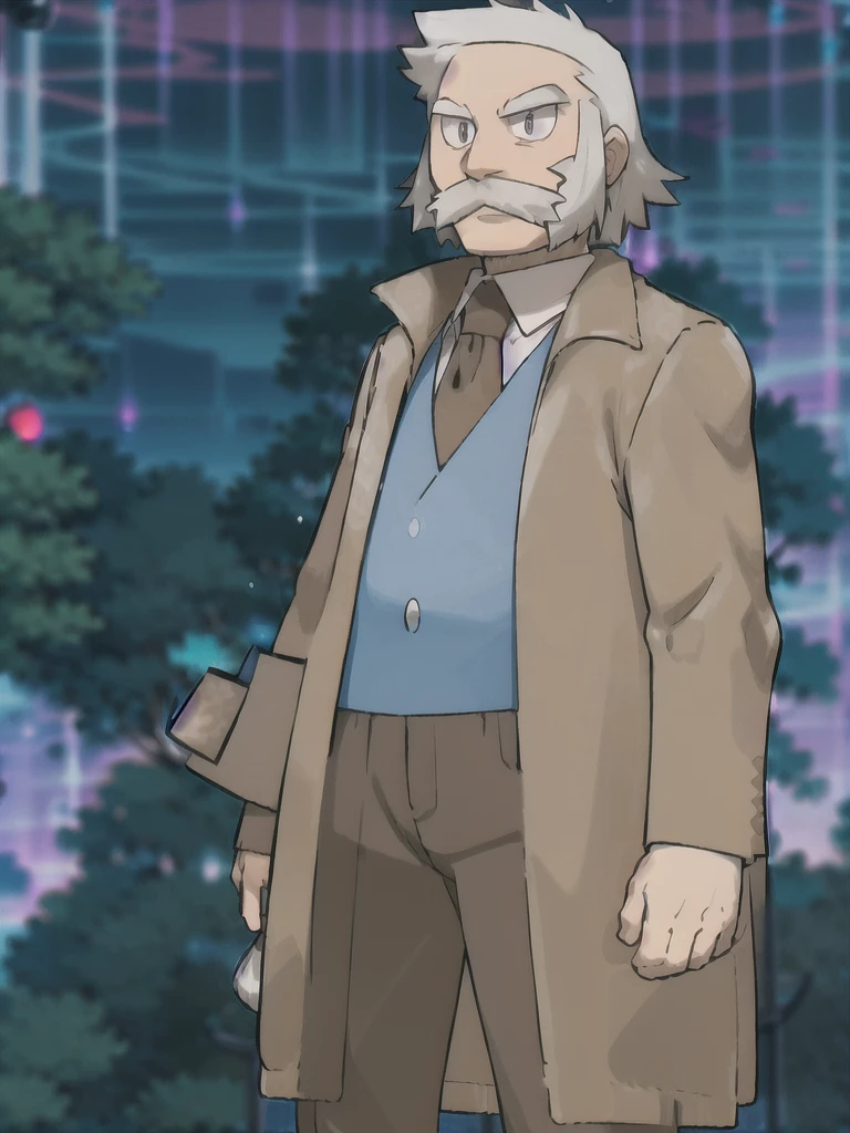 ProfessorRowan, solo, looking at viewer, shirt, 1boy, closed mouth, white shirt, upper body, white hair, male focus, outdoors,brown coat, necktie, collared shirt, blurry, night, blurry background, parody, formal, style parody