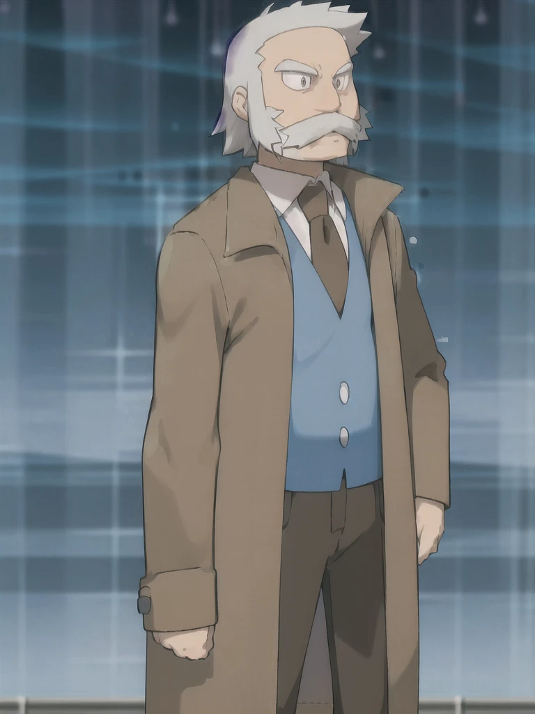 ProfessorRowan, solo, looking at viewer, shirt, 1boy, closed mouth, white shirt, upper body, white hair, male focus, outdoors,brown coat, necktie, collared shirt, blurry, night, blurry background, parody, formal, style parody