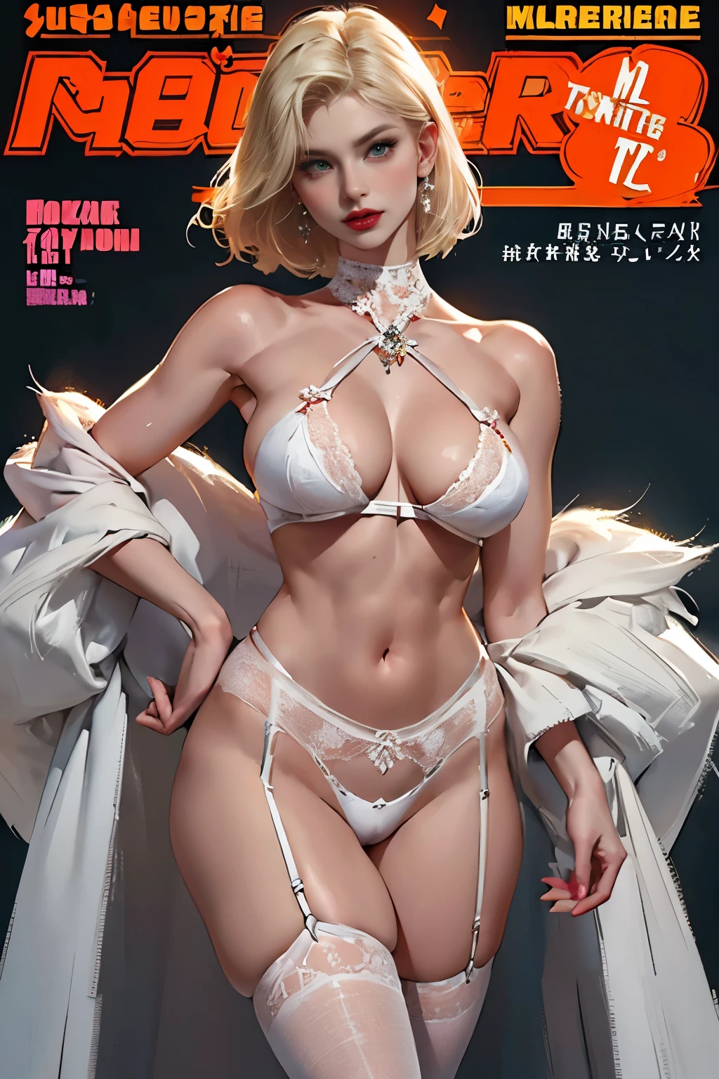 NSFW, (masterpiece:1,2, best quality), (magazine cover), (colorful Magazine cover abundant with text), vibrant, eye-catching paintings, Comic cover style, glamorous, enticing, stylish, chic, high-fashion, captivating, elegant, trendy, fashionable, radiant, attention-grabbing, dazzling, sophisticated, stunning, dramatic, bold, Featured is a 35-year-old Russian fashion model, ((who embodies the essence of mature allure, sophistication, and sex appeal)), (((She boasts a statuesque height, complemented by an hourglass figure, a  waist, elongated, toned legs, an ample, peachy derrière, a flat abdomen, and well-sculpted muscles, epitomizing the quintessential supermodel physique))), (She is adorned with platinum blonde hair), (emerald green eyes), ((and sun-kissed skin)), enhanced by vibrant, expressive makeup, (((Her perfectly round and perky breasts are of an impressive E cup size))), Often characterized as a trophy wife or a bimbo, (((she exhibits an exquisite white lingerie set from 'La Perla' which includes the 'Maison Lace Underwire Bra’, the 'Maison Lace Thong', and the 'Maison Lace Garter Belt'))), (The pristine white lingerie presents a striking contrast against her sun-kissed skin), She is portrayed posing provocatively in an iconic red lace lingerie set from a prestigious brand, (exceptionally detailed:1.3),