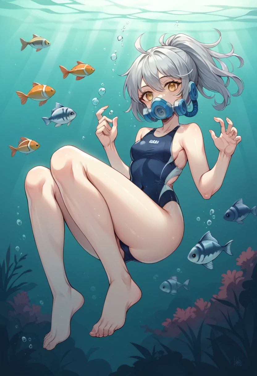 Masterpiece, high quality, Women, long gray hair, gold eyes, small swimsuit, blue, with artificial respirators on the back, swimming underwater, barefoot, a bottom fish tank, with some gold fish, trapped in a glass fish tank, with a desktop in the background, 