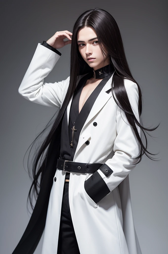 Brunette swordsman with long black hair, white with a basic overcoat, 17 year old teenager