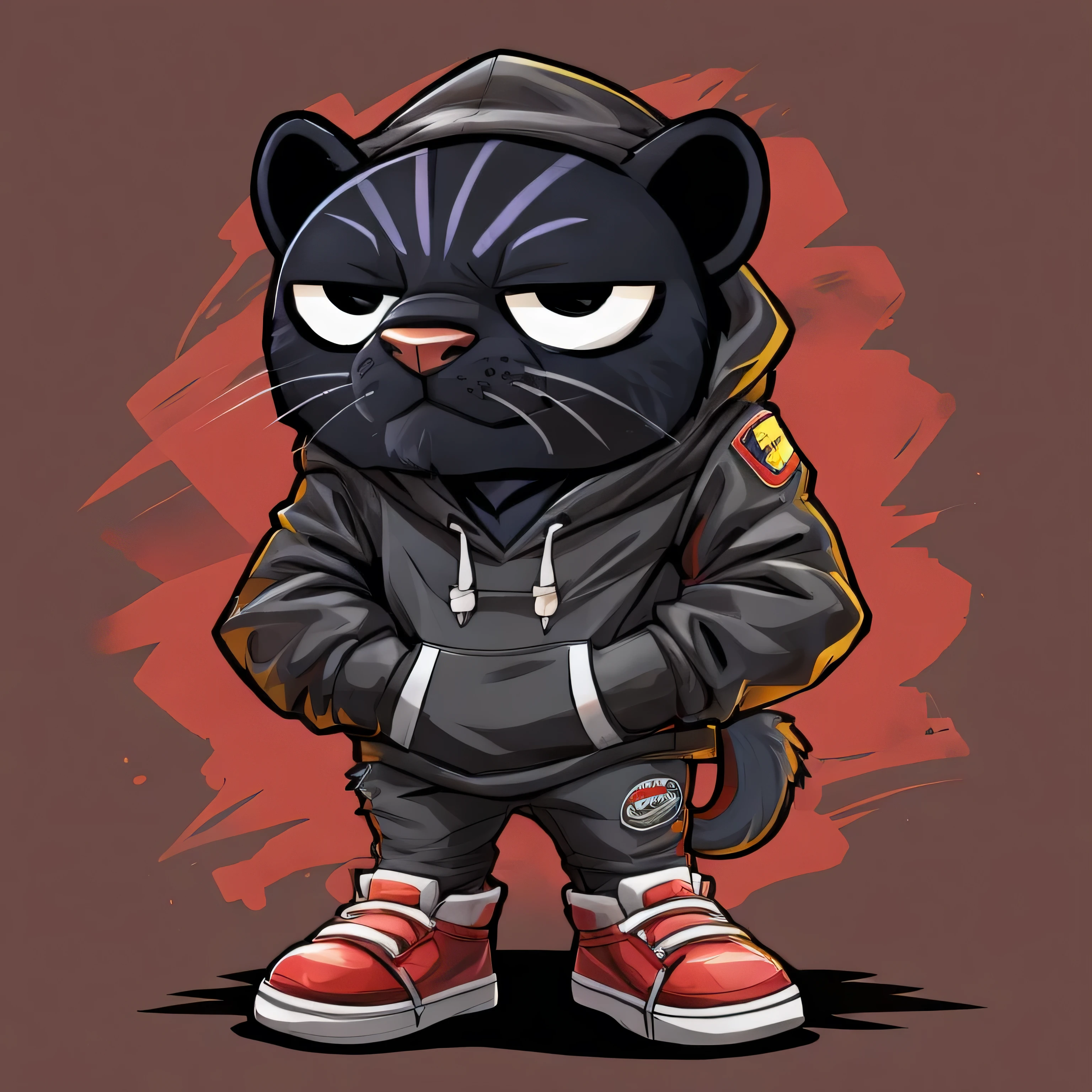A cool Black Leopard wearing black hoodie, hands in pockets, black pants, black sneaker