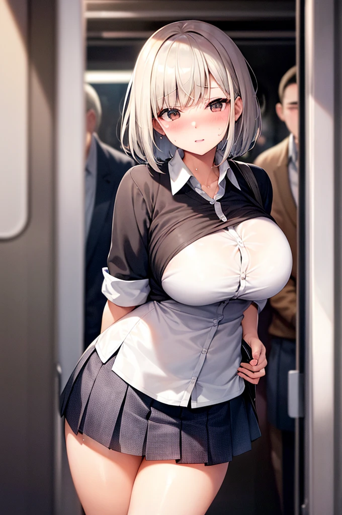 high resolution、high quality、Beautiful woman with her breasts visible through her shirt、Big 、Beautiful woman holding onto a strap in a crowded train、Bobcut、Very embarrassed、Beige silver hair、Sweaty、adult、indoor、Student Uniform、high school girl、Thighs、Very short skirt、A white shirt that looks like it's about to burst with her boobs、pants、Waistline、Shake your violently