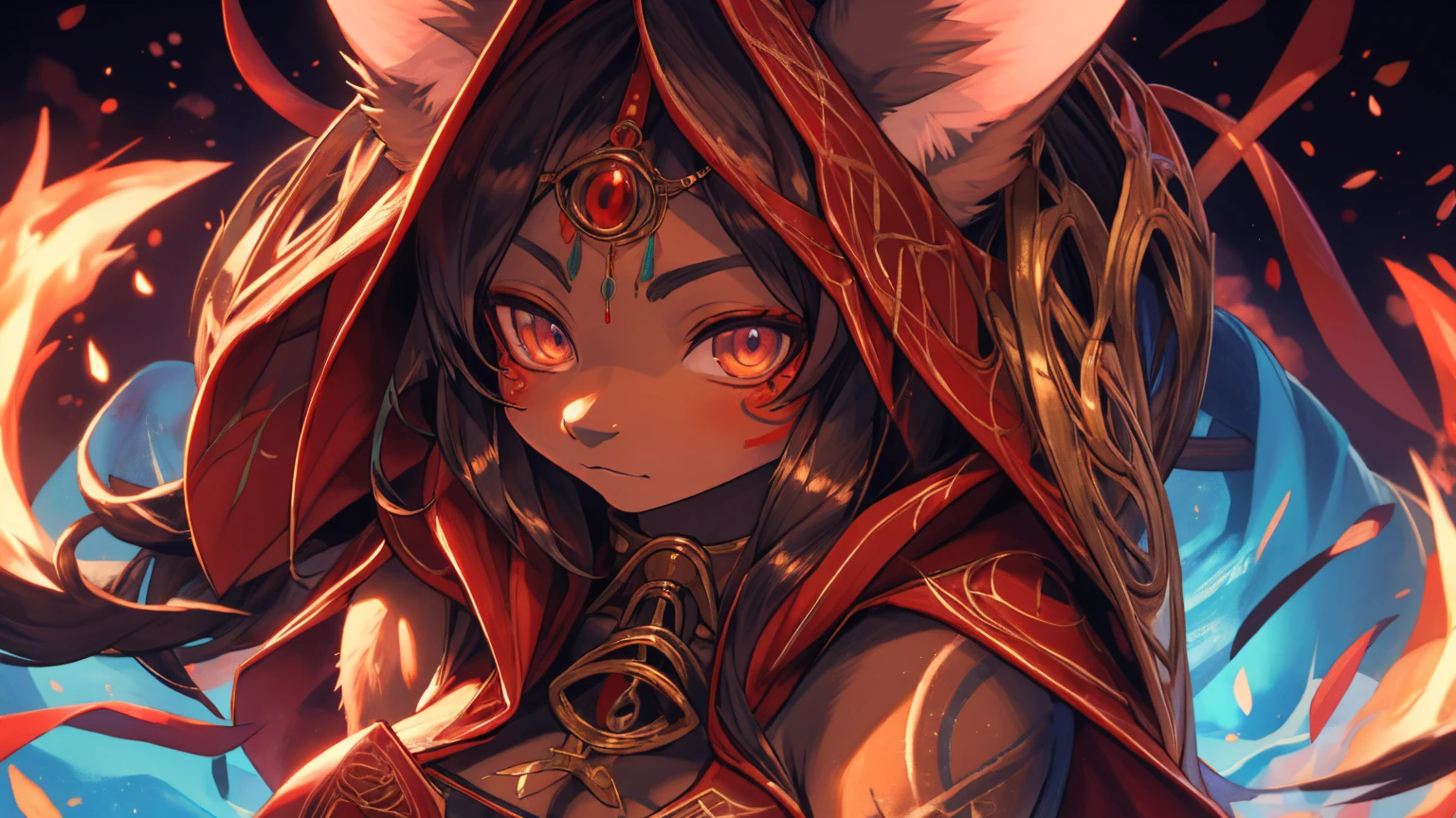 Stylized anime cinematic artwork., fluffy hairy antrum, female, hoodie, Bermuda, single queue, subsurface dispersion, soft lines, Caustics, hyperrealistic painting high definition, kitsune ears, tribal tattoo, Fancy girl, Small breasts add_detail, magician girl add_detail,